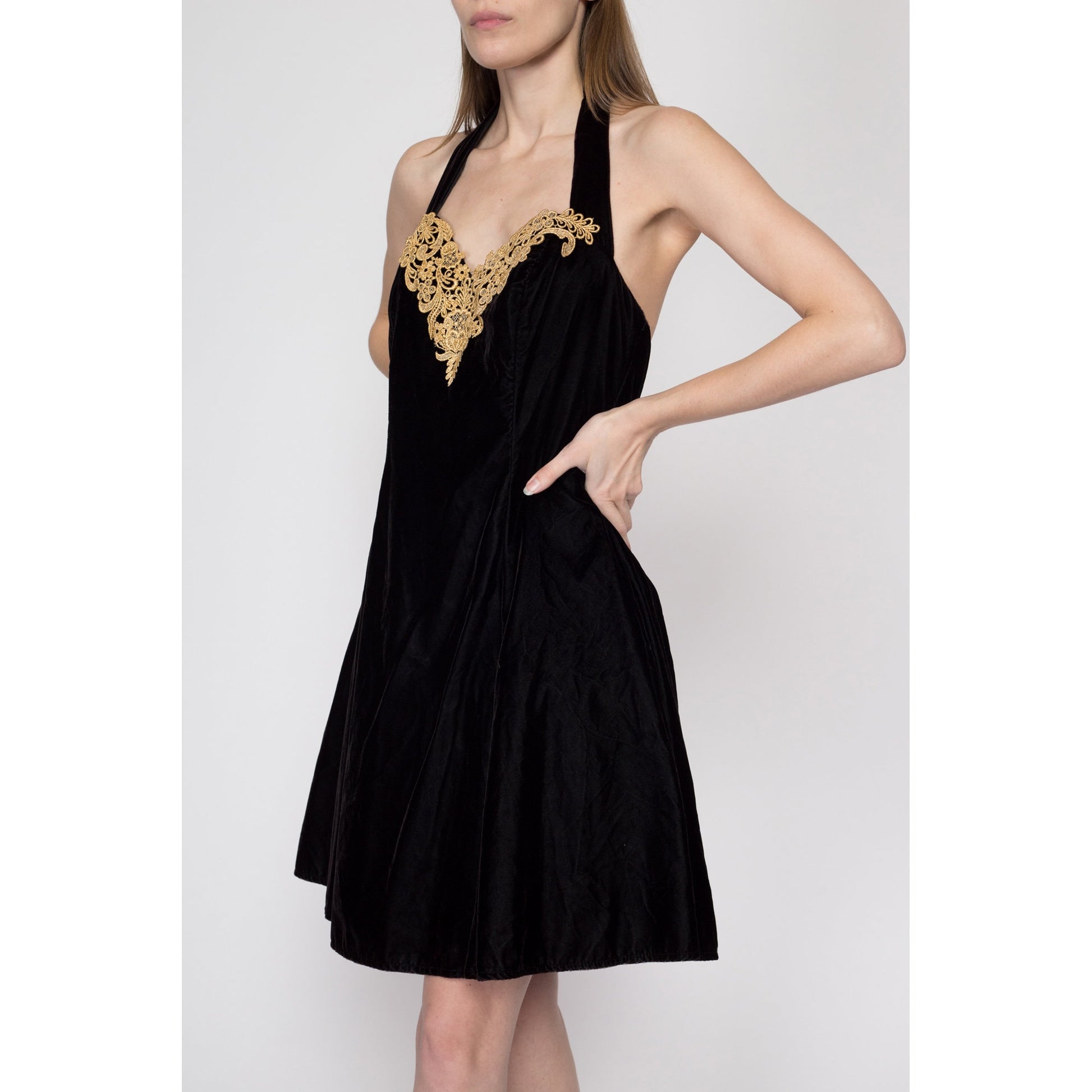 Medium 80s Black Velvet Halter Party Dress | Vintage Fit & Flare Gold Trim Low Back Mini Prom Dress
