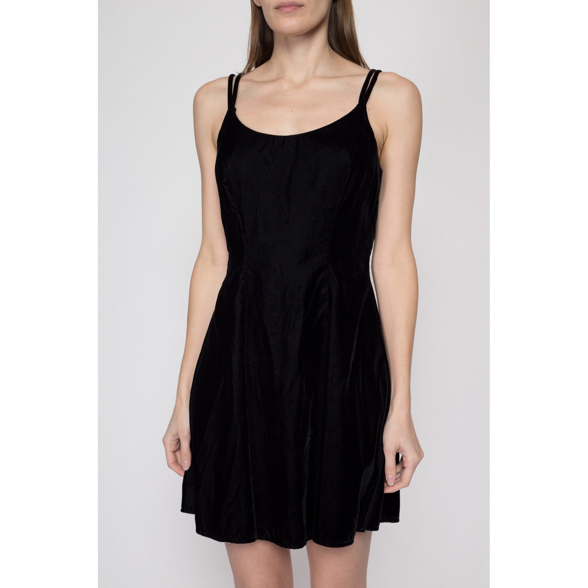 Small 90s Black Velvet Mini Skater Dress | Vintage Sleeveless Spaghetti Strap Minimalist Party Dress