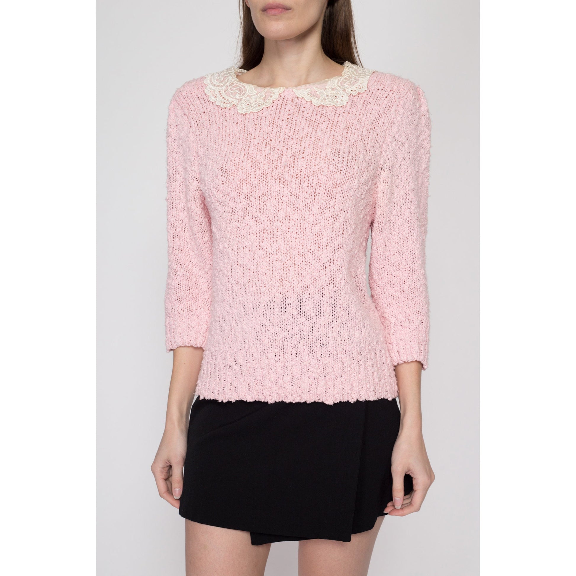 Medium 80s Pink Lace Collar Boucle Knit Sweater | Cute Retro Vintage 3/4 Sleeve Girly Pullover