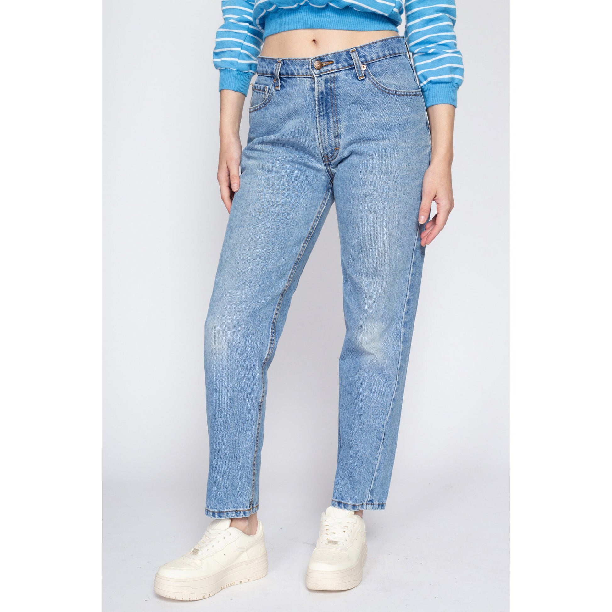 Medium 90s Jordache Mid Rise Mom Jeans 29" | Vintage Faded Light Wash Denim Tapered Leg Jeans