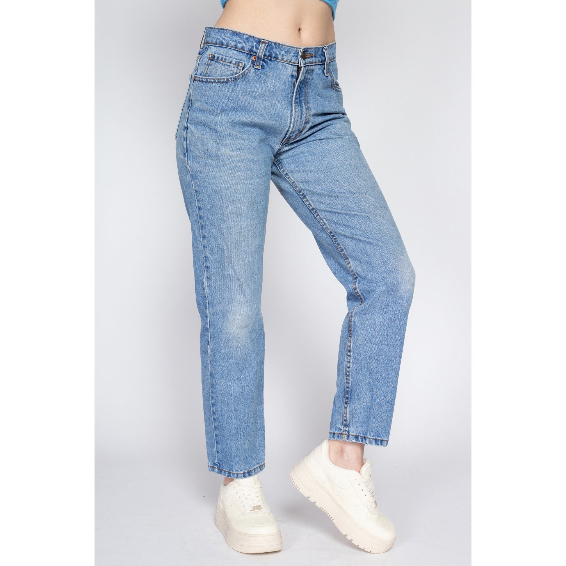 Medium 90s Jordache Mid Rise Mom Jeans 29" | Vintage Faded Light Wash Denim Tapered Leg Jeans