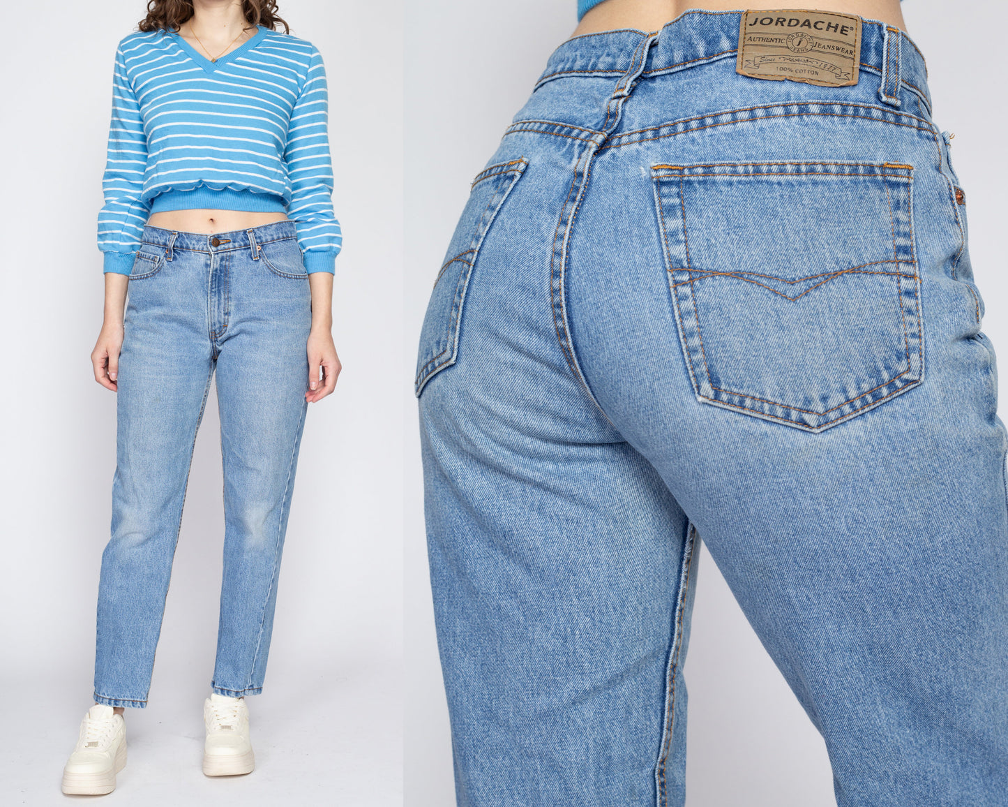 Medium 90s Jordache Mid Rise Mom Jeans 29" | Vintage Faded Light Wash Denim Tapered Leg Jeans