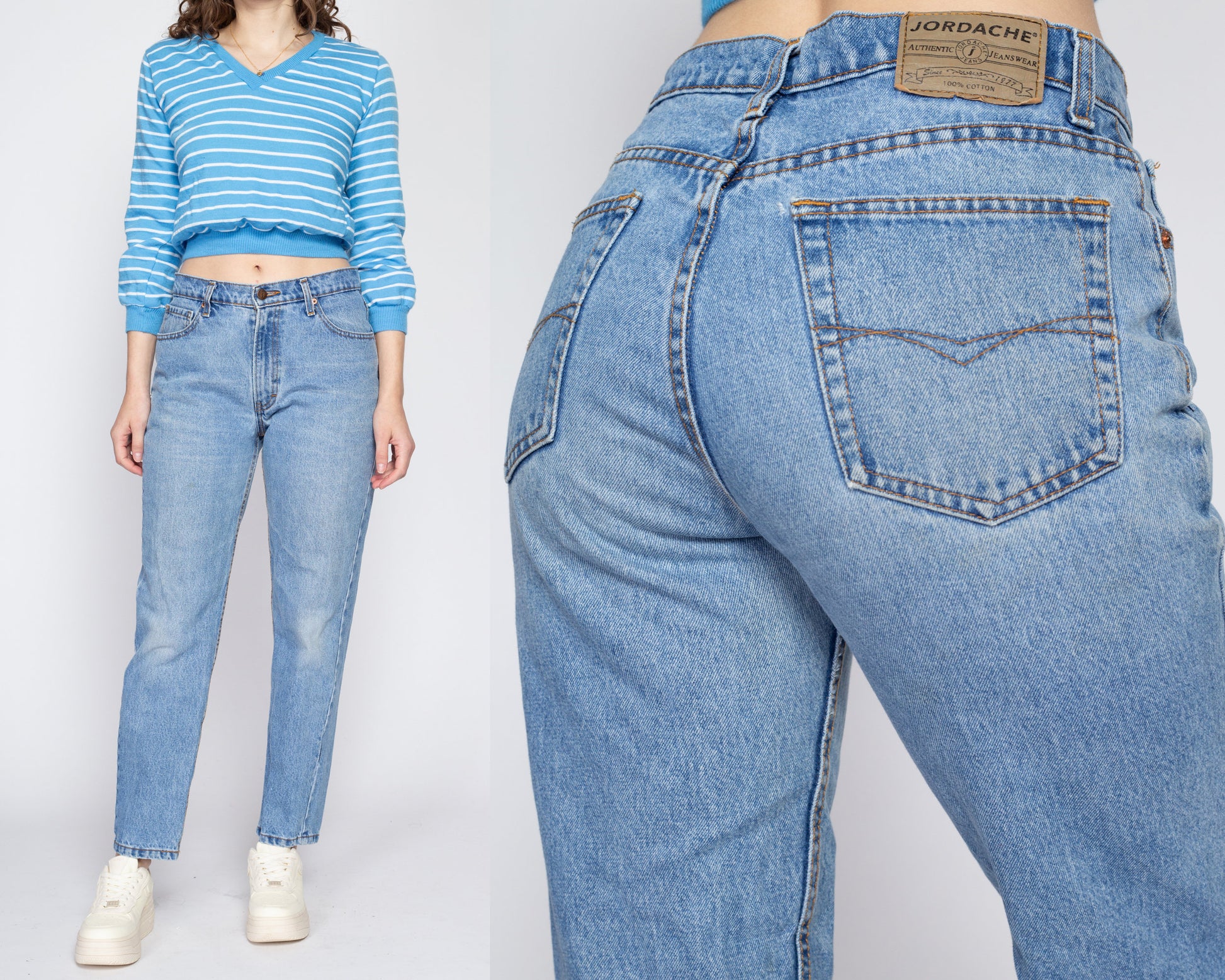 Medium 90s Jordache Mid Rise Mom Jeans 29" | Vintage Faded Light Wash Denim Tapered Leg Jeans