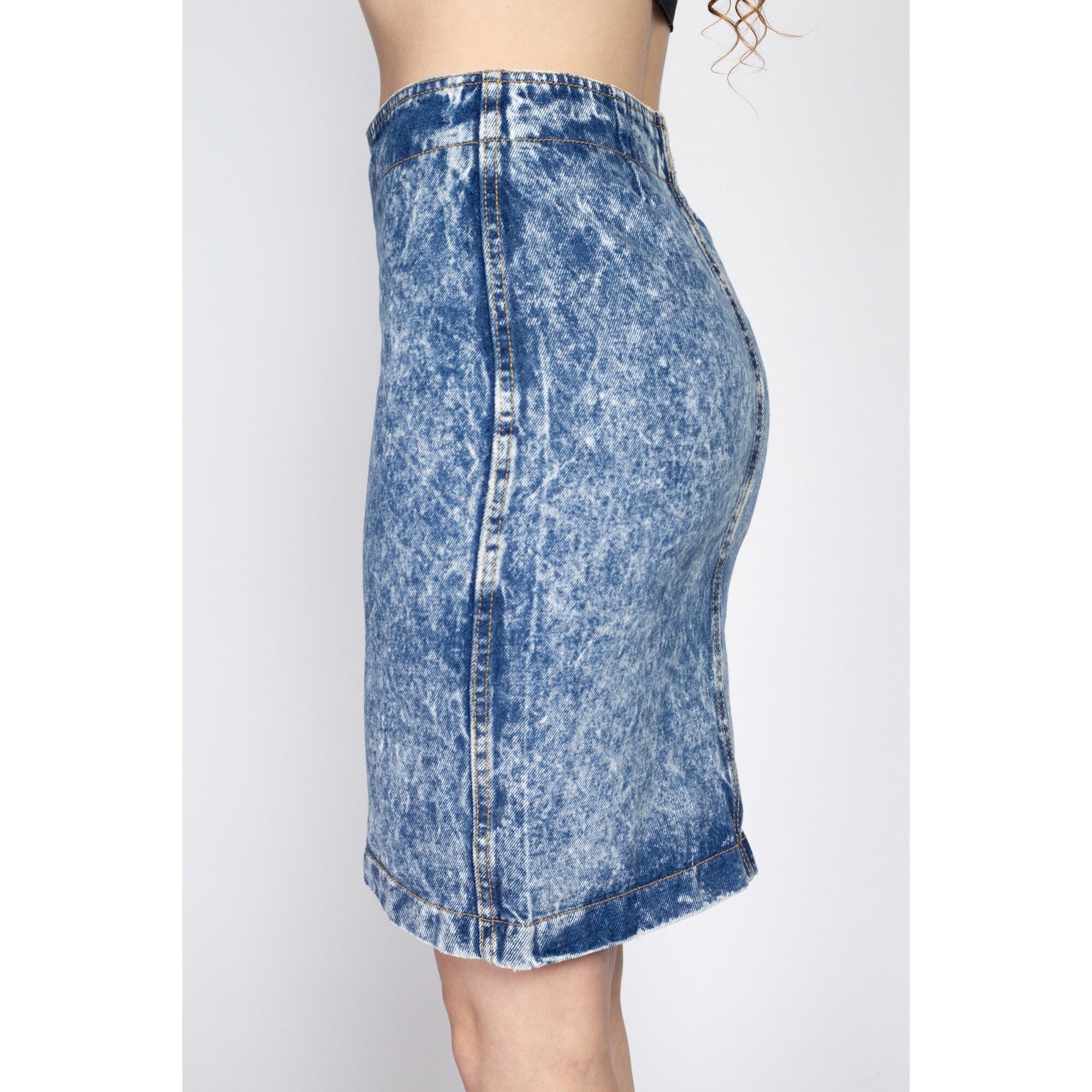 Eclectic High Waist Asymmetric Ruffle Detail Acid Wash Denim Mini Skir –  Luxedress