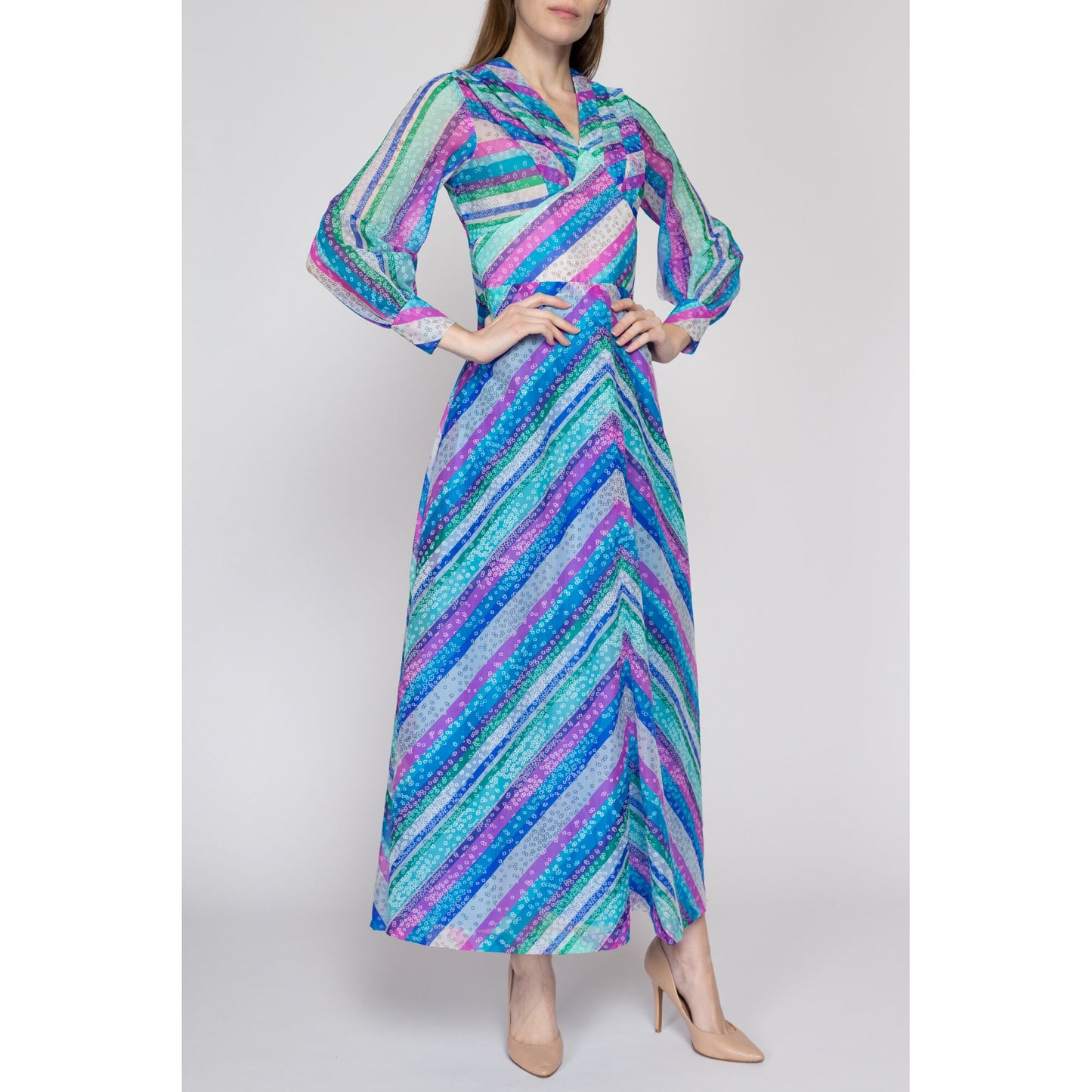 Small 60s 70s Psychedelic Striped Maxi Dress Petite | Vintage Sheer Sleeve A Line Hippie Gown