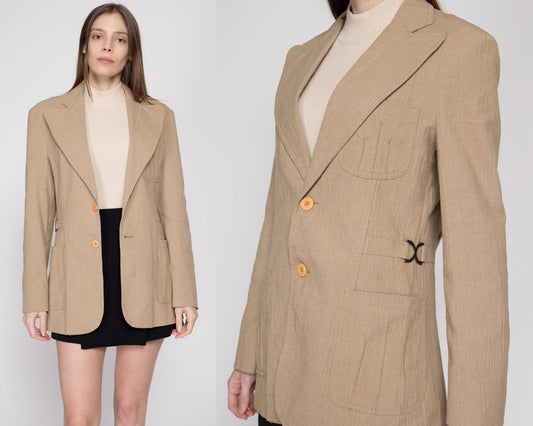 Large 70s Tan Linen Blazer | Vintage Khaki Button Up Lightweight Sport Coat