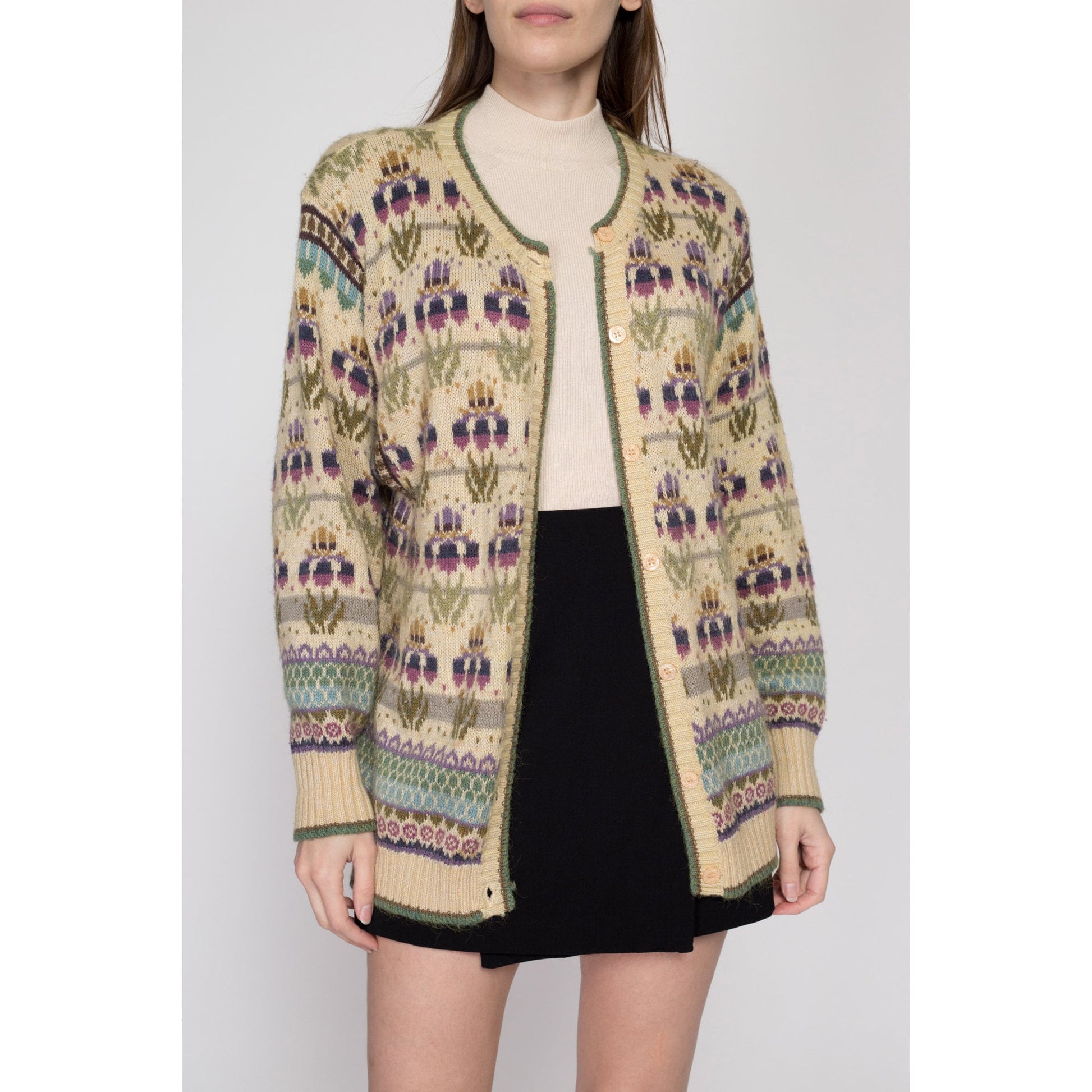 Medium 80s Orchid Floral Slouchy Knit Sweater | Vintage Button Up Fair Isle Cardigan