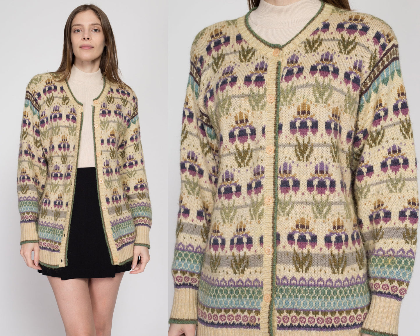 Medium 80s Orchid Floral Slouchy Knit Sweater | Vintage Button Up Fair Isle Cardigan