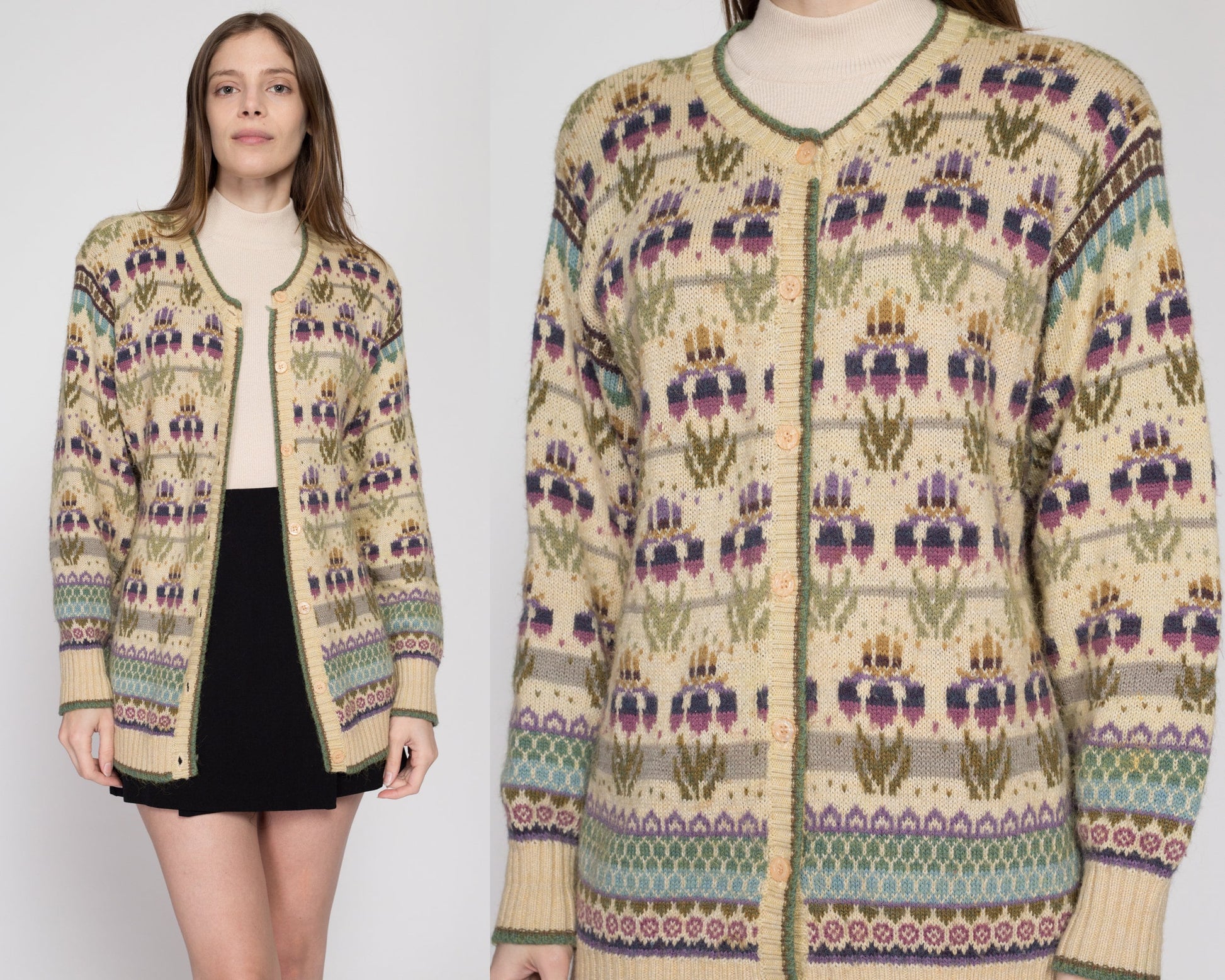 Medium 80s Orchid Floral Slouchy Knit Sweater | Vintage Button Up Fair Isle Cardigan