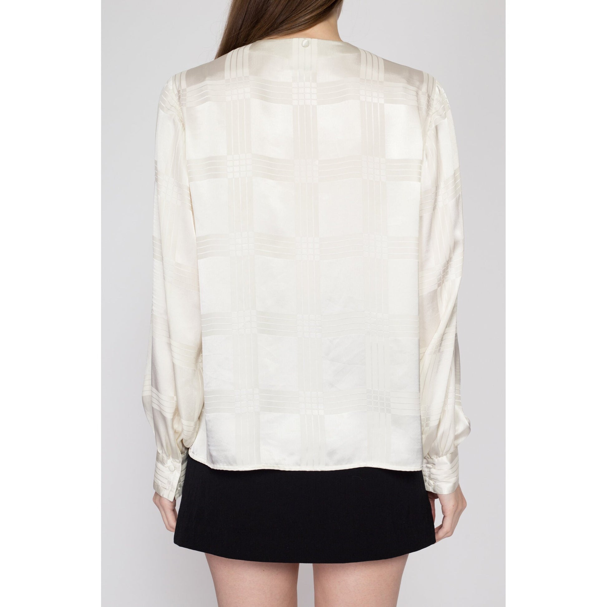 Medium 80s White Satin Bishop Sleeve Blouse | Vintage Button Up Long Sleeve Pocket Top