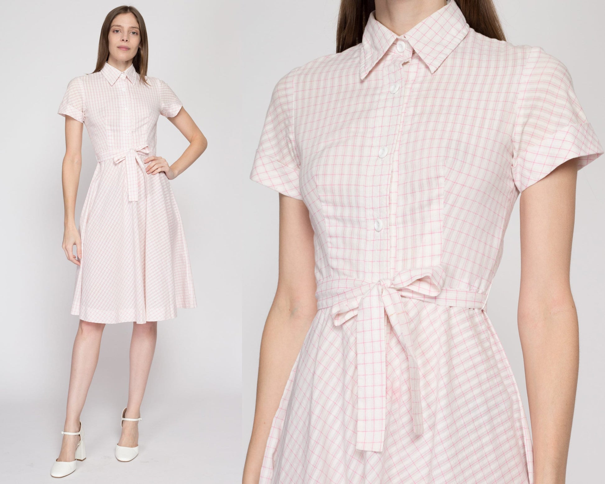 Cotton Seersucker Pink And White Seersucker Dress XS 1950s Pink