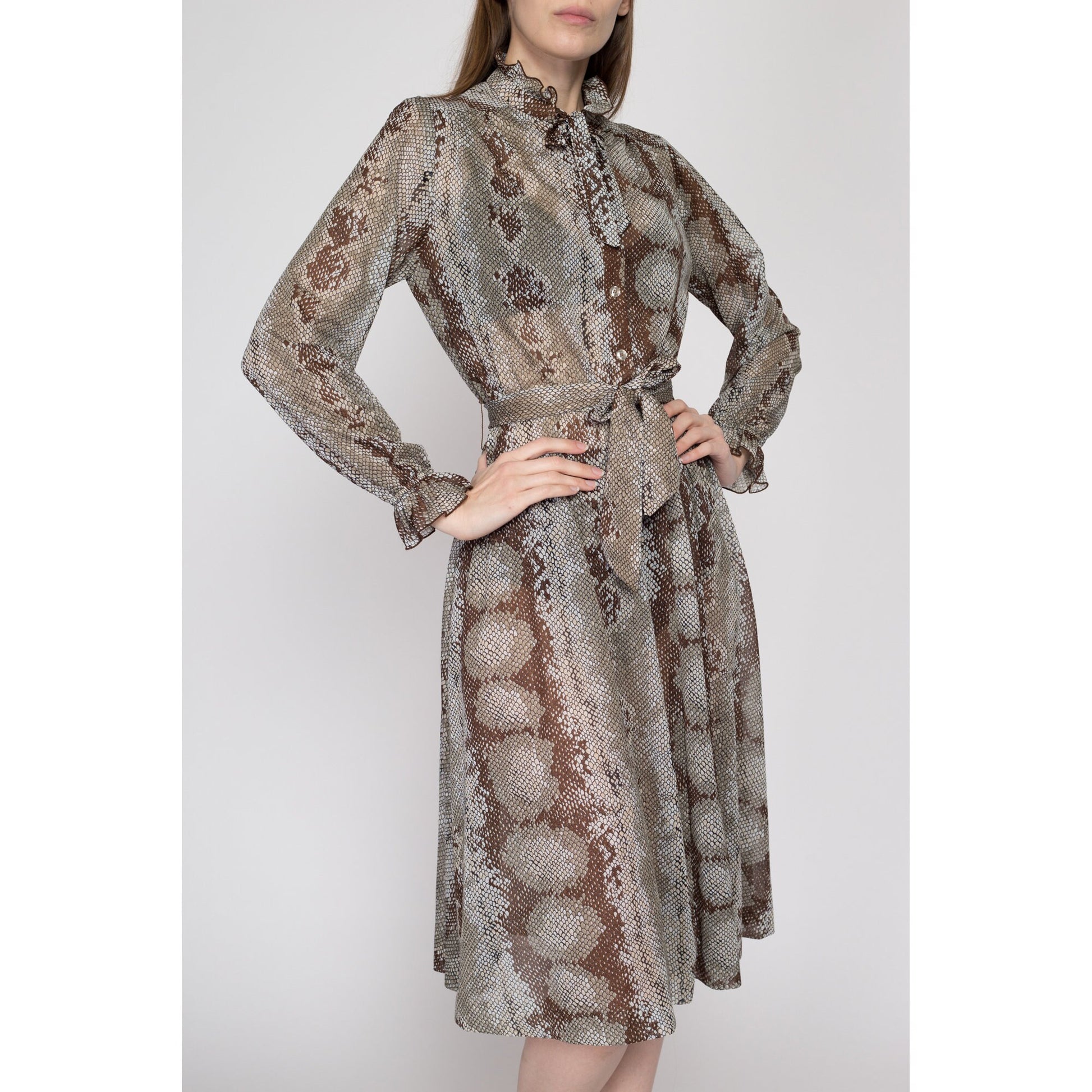 Small 70s Snakeskin Print Sheer Shirtdress | Vintage Long Bishop Sleeve Midi Secretary Dress