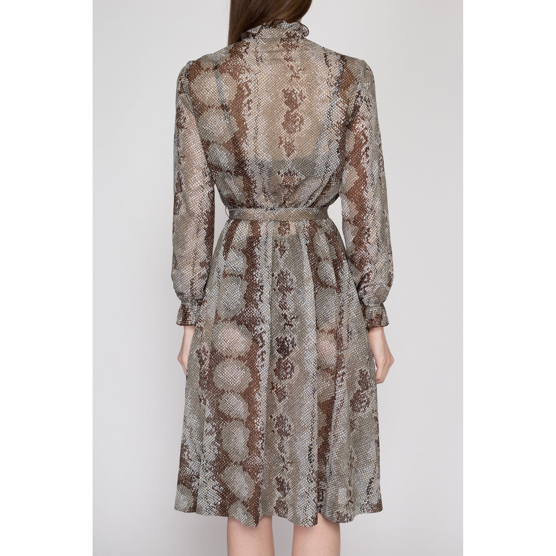 Small 70s Snakeskin Print Sheer Shirtdress | Vintage Long Bishop Sleeve Midi Secretary Dress