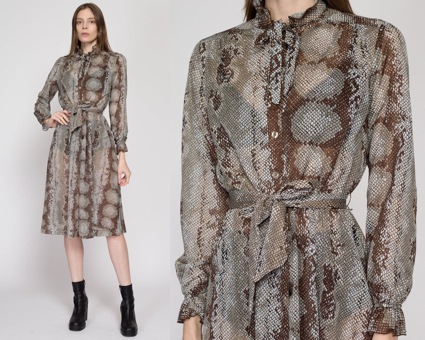 Small 70s Snakeskin Print Sheer Shirtdress | Vintage Long Bishop Sleeve Midi Secretary Dress