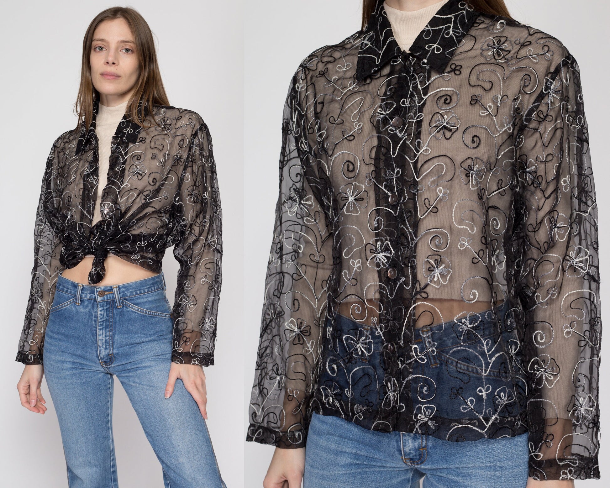 Small 90s Sheer Black Silk Embroidered Blouse – Flying Apple Vintage
