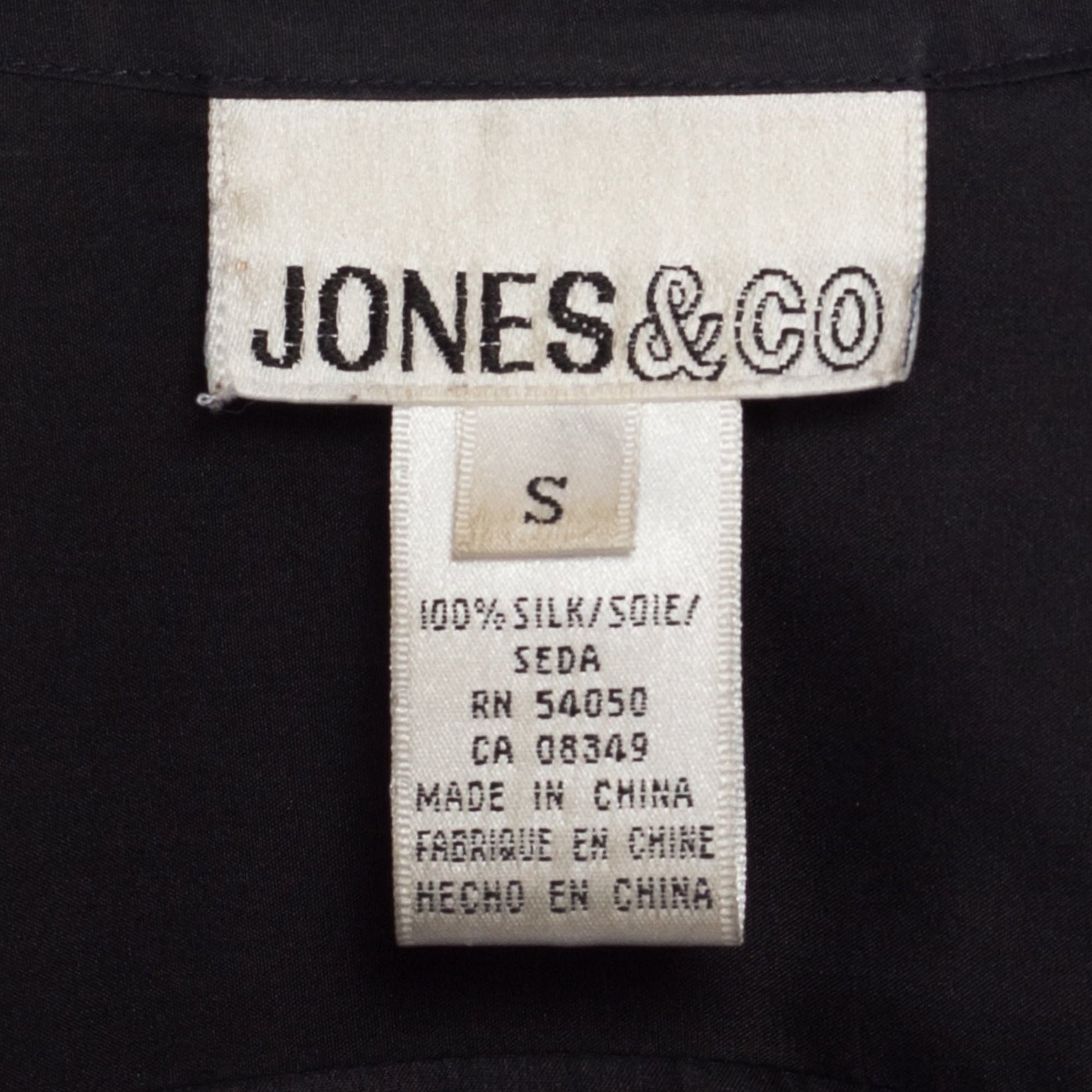 Small 90s Black Silk Collarless Blouse | Vintage Minimalist Long Sleeve Abalone Button Up Shirt