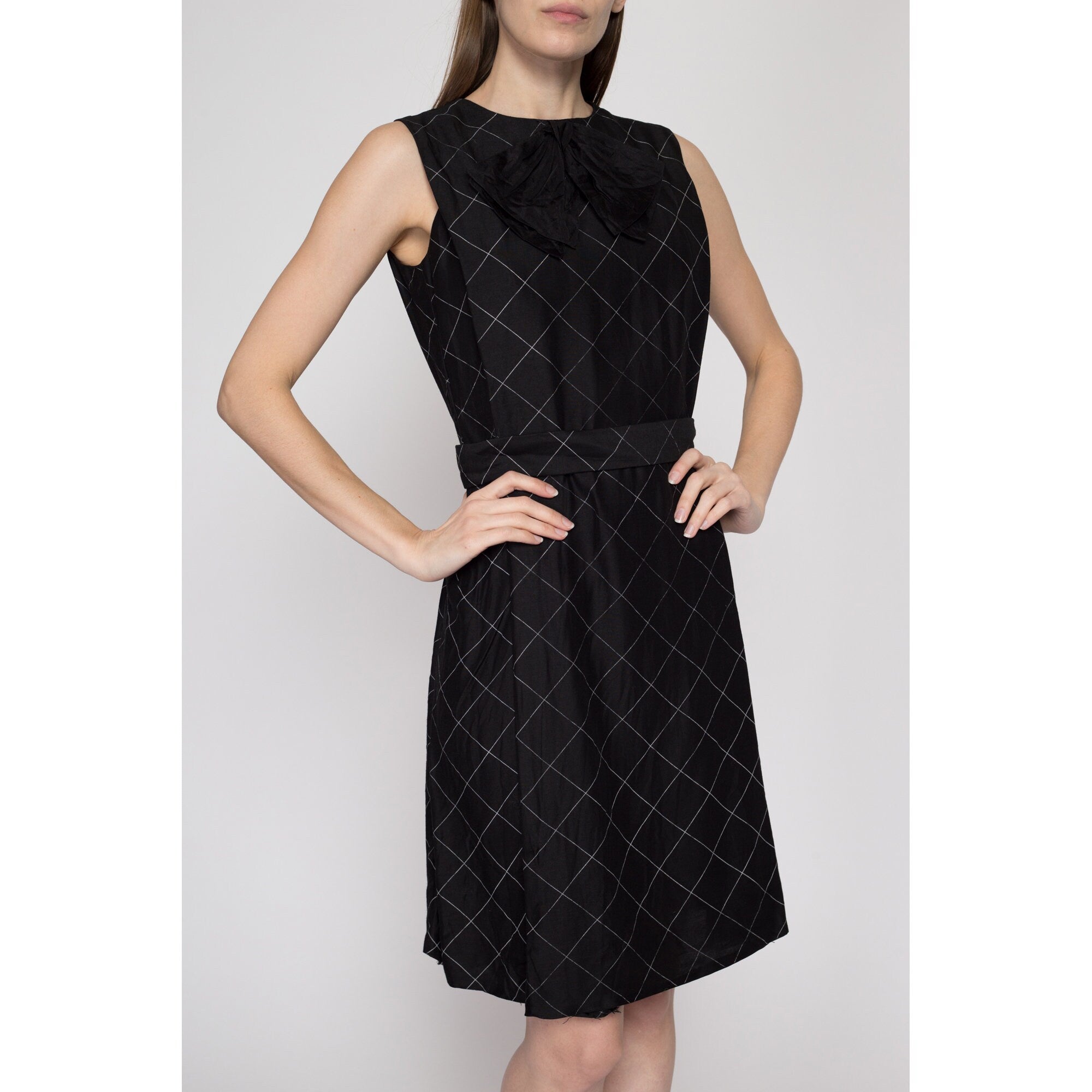 Small 60s Black White Grid Print Mini Dress As Is Flying