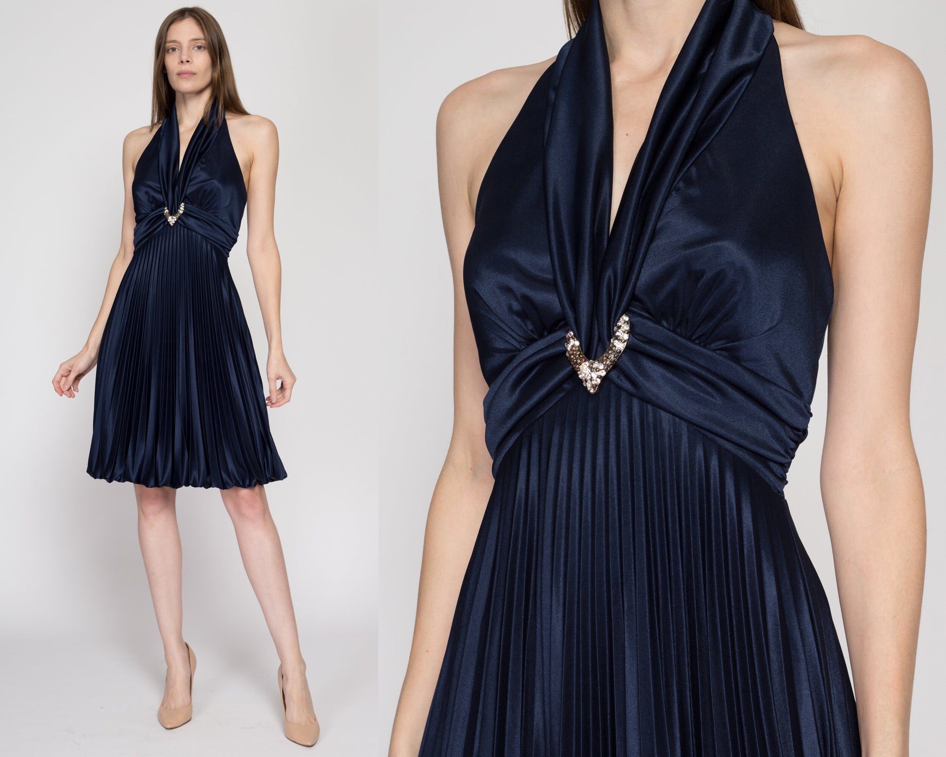 Small Y2K Cache Navy Satin Bubble Dress | Vintage Halter Neck Jeweled Knee Length Party Dress
