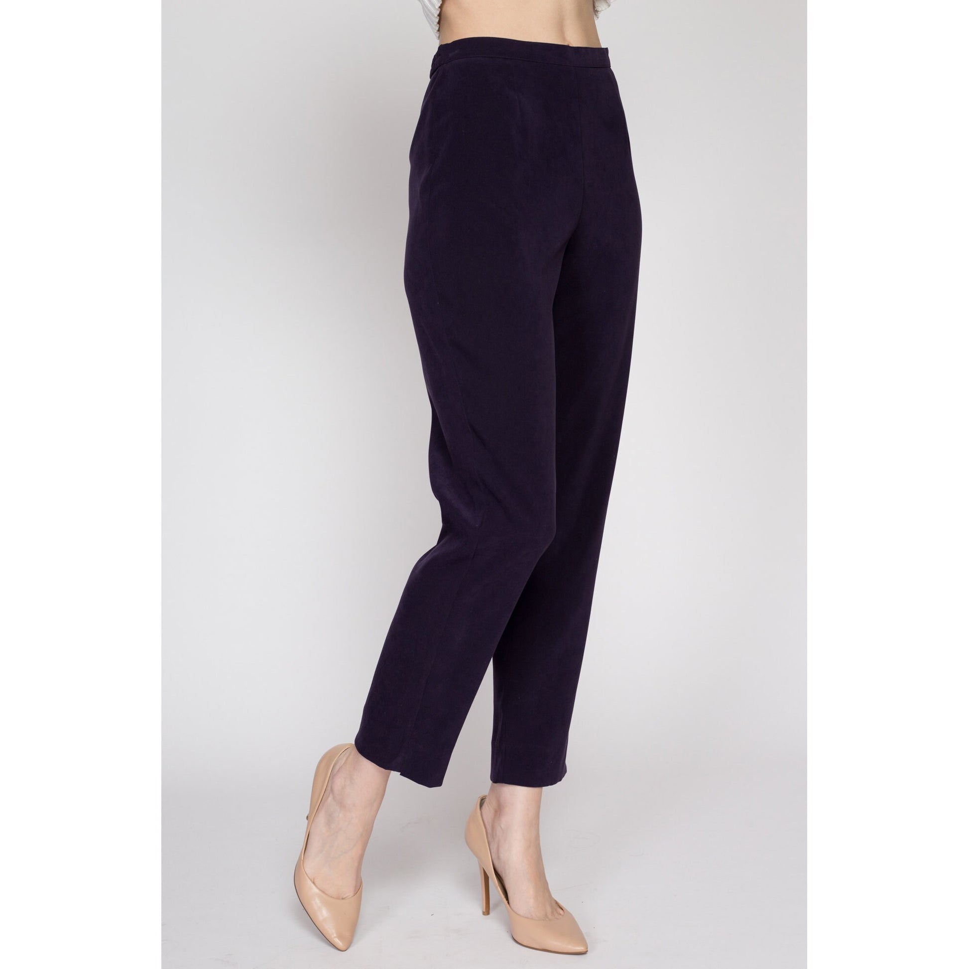 Small 90s Eggplant Purple High Waisted Trousers 26.5" | Vintage Minimalist Tapered Leg Stretchy Pants