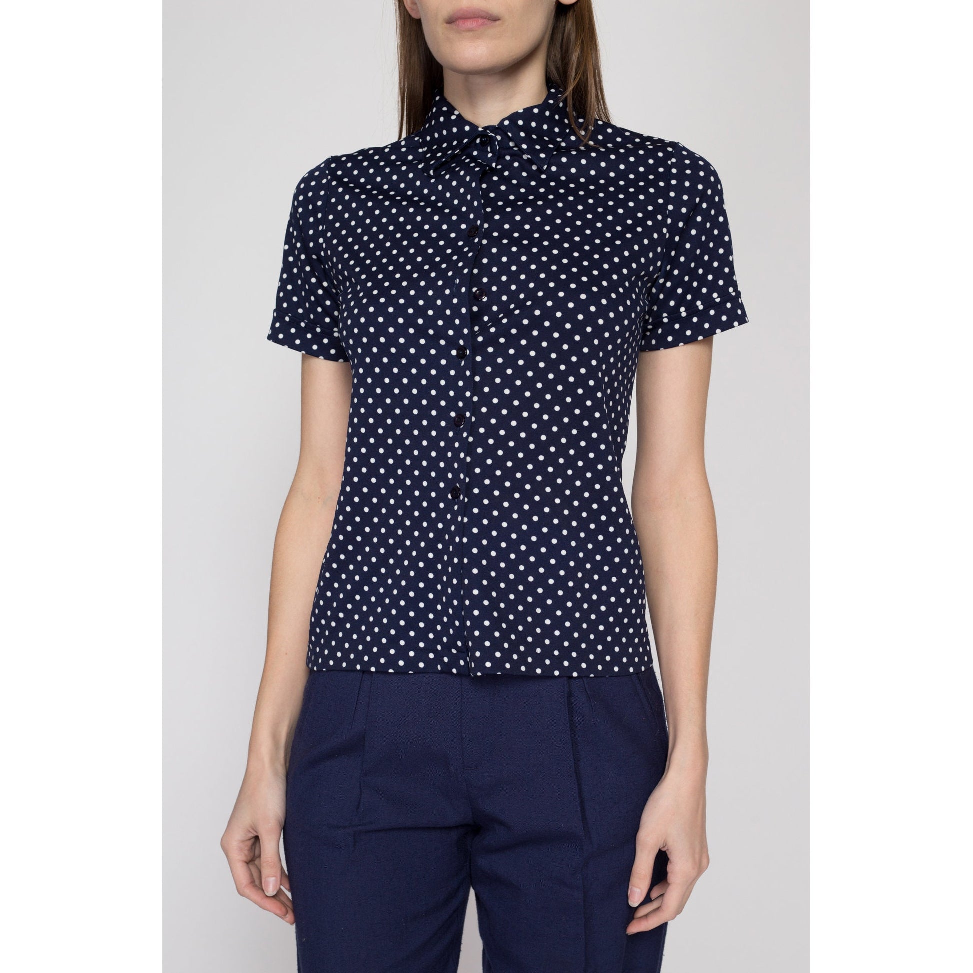 XS 70s Navy Polka Dot Button Up Top | Vintage Blue White Short Sleeve Collared Shirt