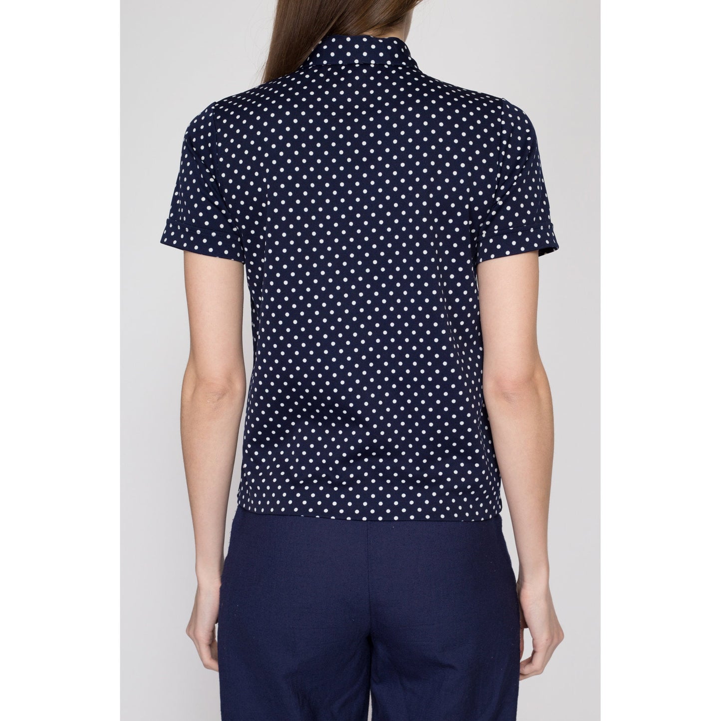 XS 70s Navy Polka Dot Button Up Top | Vintage Blue White Short Sleeve Collared Shirt