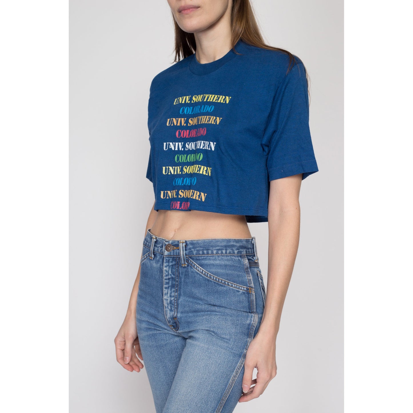 Medium 80s University Of Southern Colorado Cropped T Shirt | Vintage Blue Rainbow Collegiate Graphic Crop Top Tee