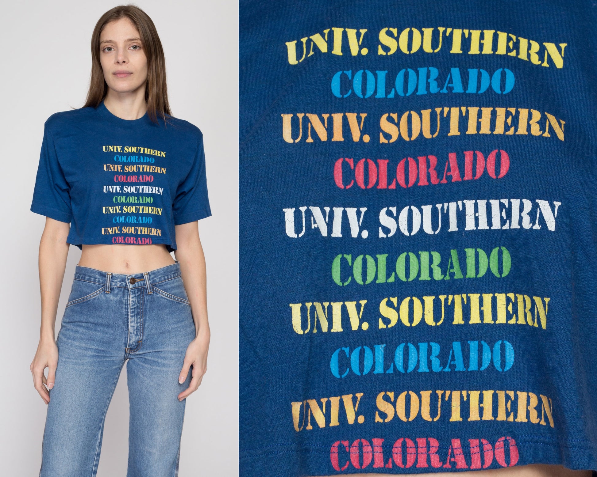 Medium 80s University Of Southern Colorado Cropped T Shirt | Vintage Blue Rainbow Collegiate Graphic Crop Top Tee