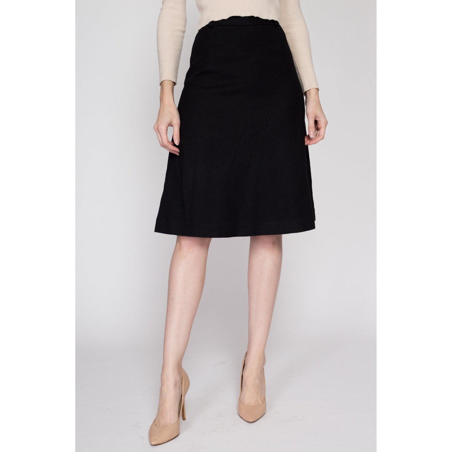 XS 70s Black A Line Wool Blend Skirt 24.5" | Vintage Minimalist High Waisted Knee Length Skirt