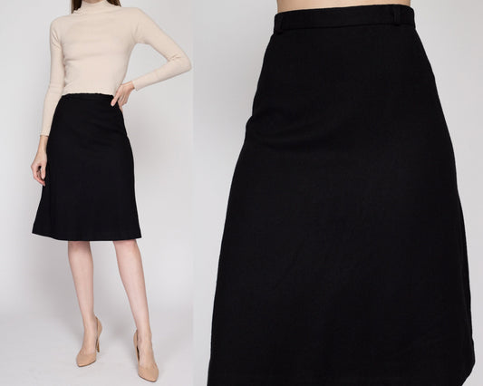 XS 70s Black A Line Wool Blend Skirt 24.5" | Vintage Minimalist High Waisted Knee Length Skirt