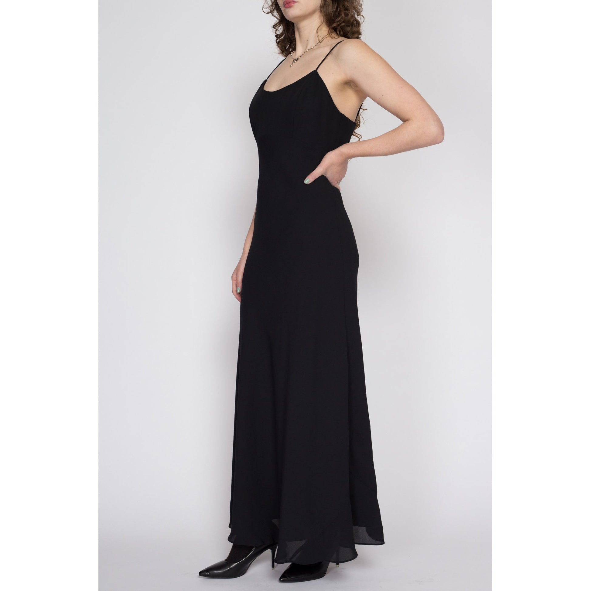 Medium 90s Black Flowy Evening Gown | Vintage Spaghetti Strap Formal Maxi Dress