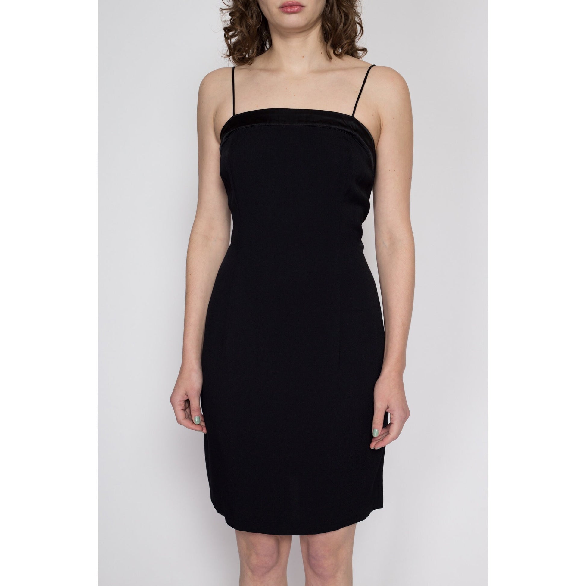 Medium 90s Square Neck Little Black Dress Petite | Vintage A Line Spaghetti Strap Mini Party Dress