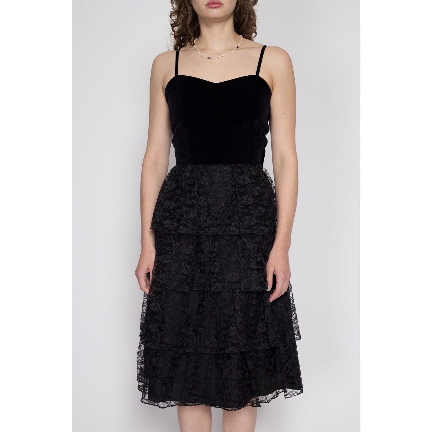 Small 80s Black Velvet & Lace Cupcake Party Dress | Vintage Tiered Fit Flare Spaghetti Strap Formal Midi Prom Gown