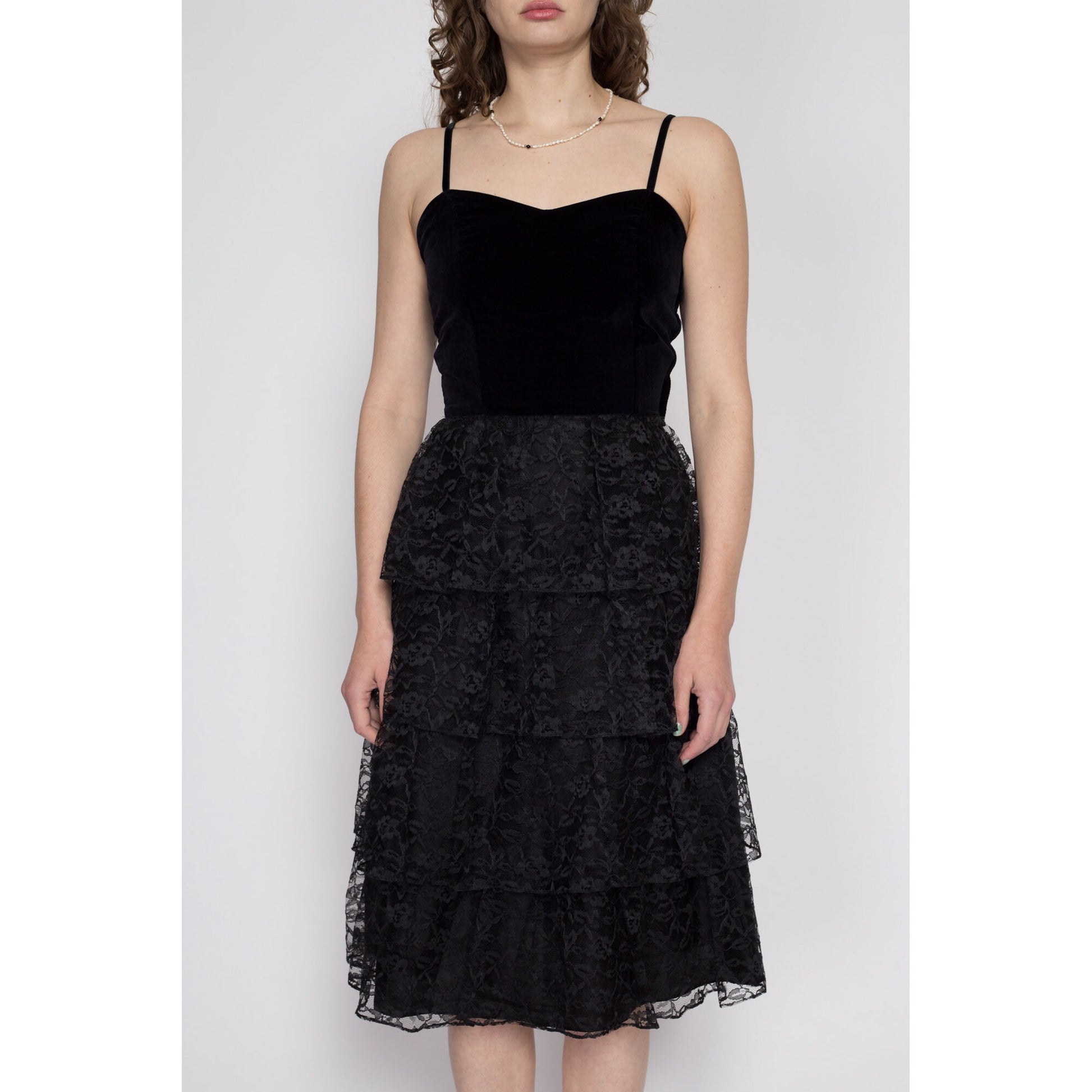 Small 80s Black Velvet & Lace Cupcake Party Dress | Vintage Tiered Fit Flare Spaghetti Strap Formal Midi Prom Gown