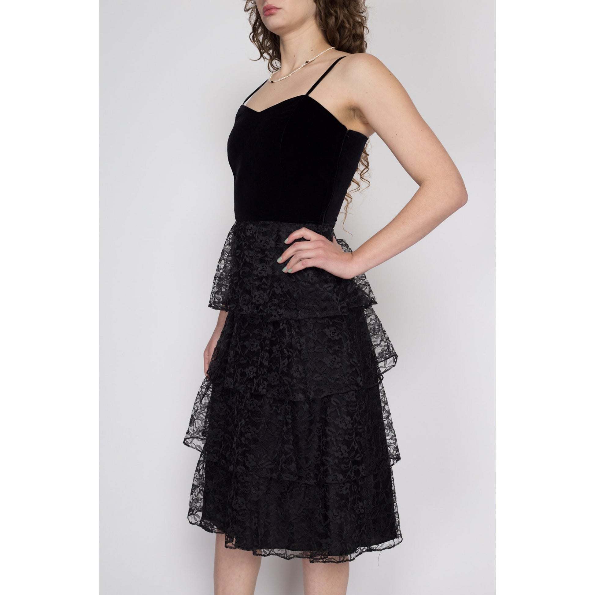 Small 80s Black Velvet & Lace Cupcake Party Dress | Vintage Tiered Fit Flare Spaghetti Strap Formal Midi Prom Gown