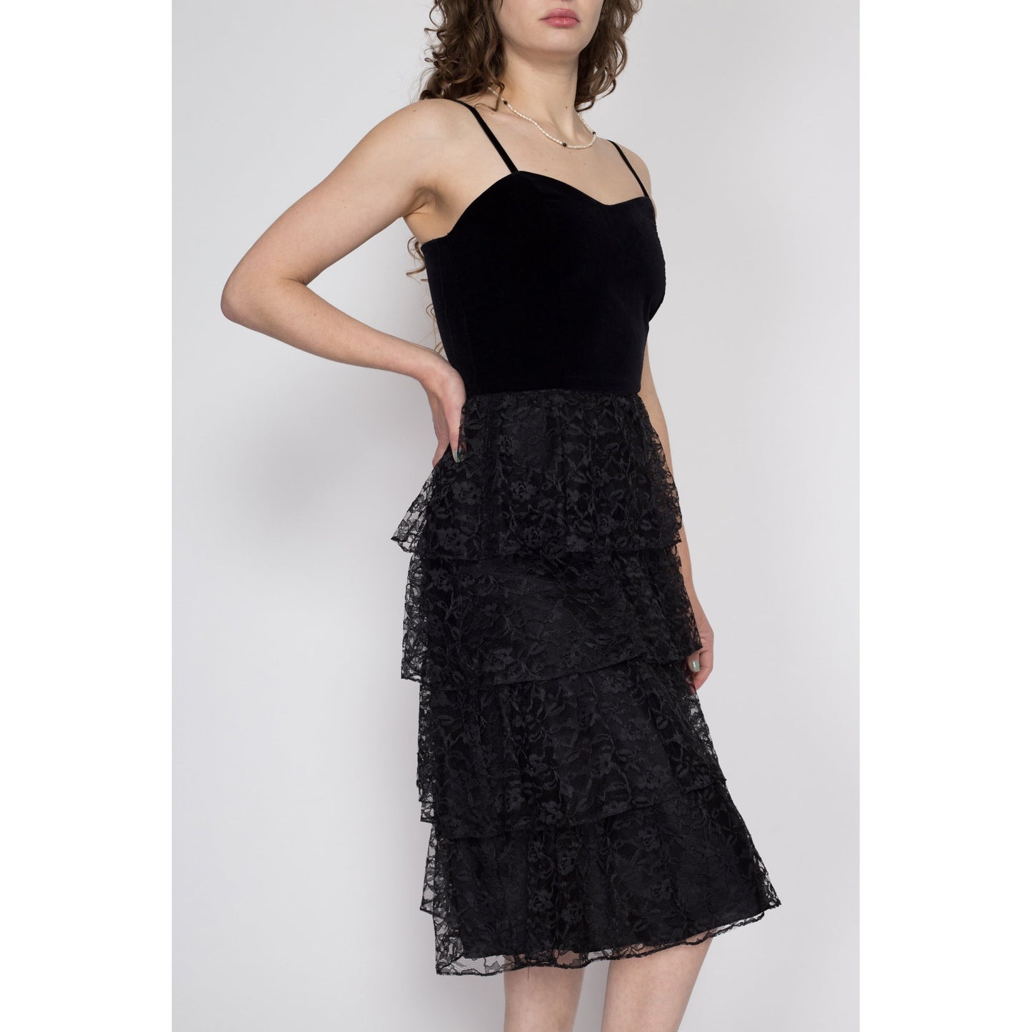 Small 80s Black Velvet & Lace Cupcake Party Dress | Vintage Tiered Fit Flare Spaghetti Strap Formal Midi Prom Gown