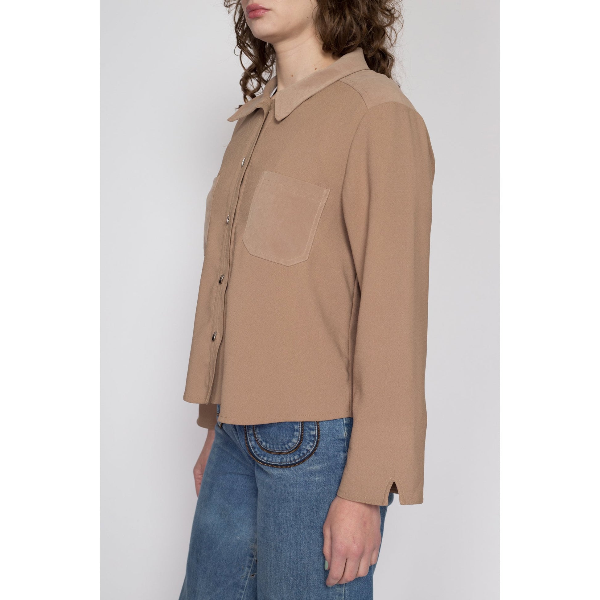 Medium 90s Taupe Button Up Cuffed Blouse | Vintage Minimalist Collared Pocket Shirt