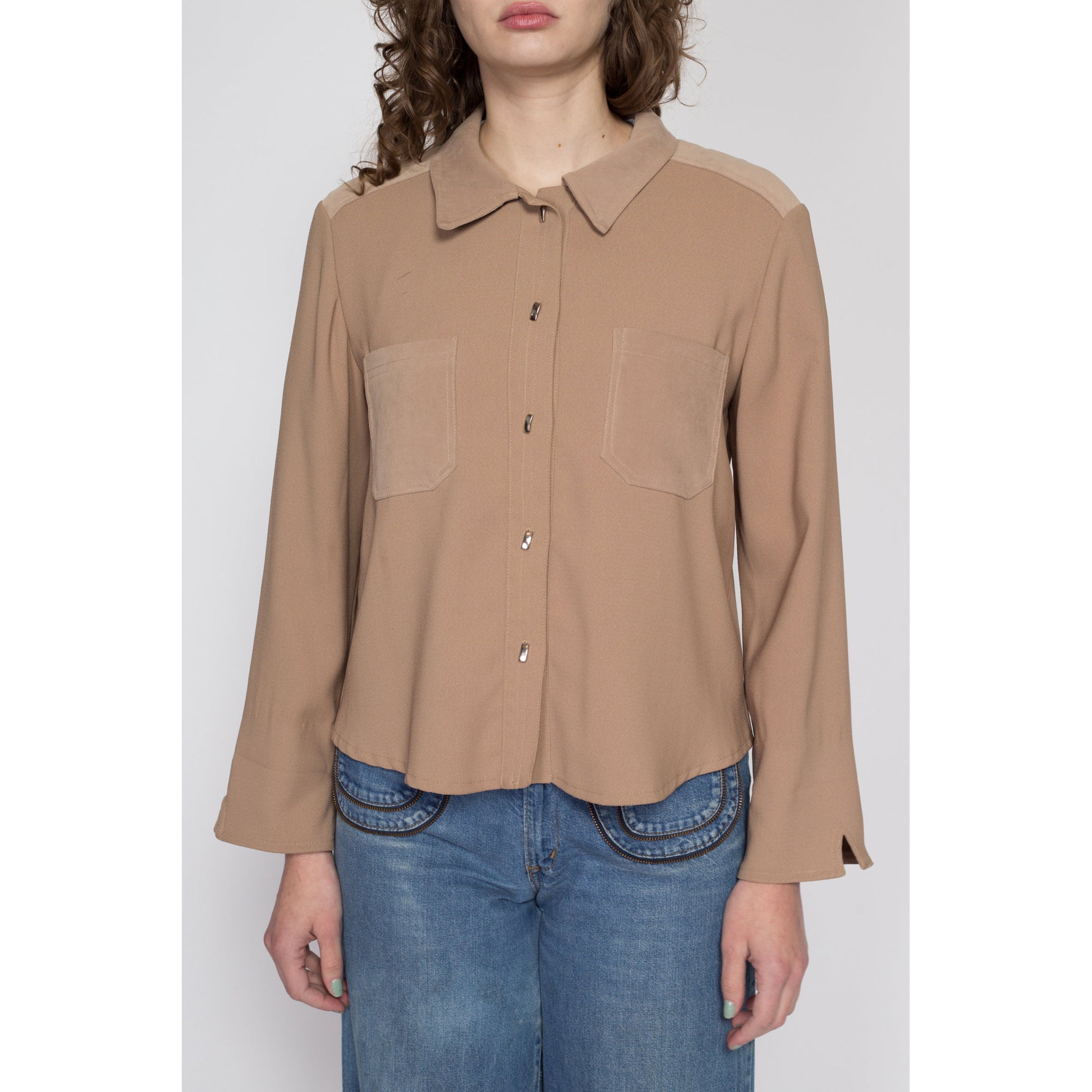 Medium 90s Taupe Button Up Cuffed Blouse | Vintage Minimalist Collared Pocket Shirt