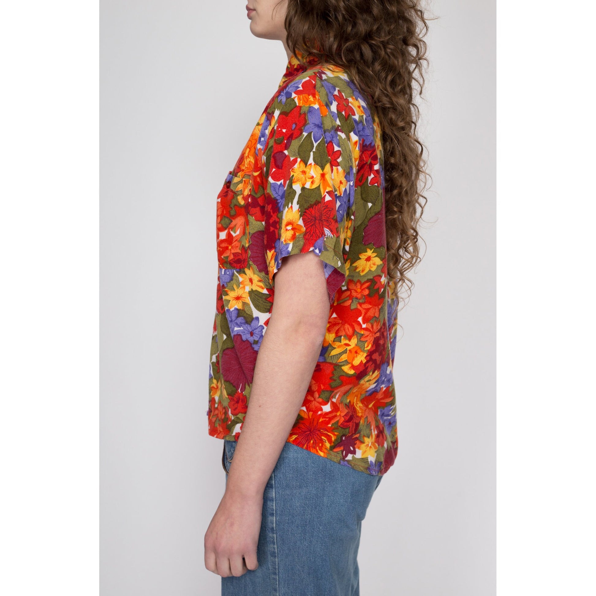 Small 80s 90s Orange Watercolor Floral Button Up Shirt | Vintage Boho Oversized Collared Rayon Blouse