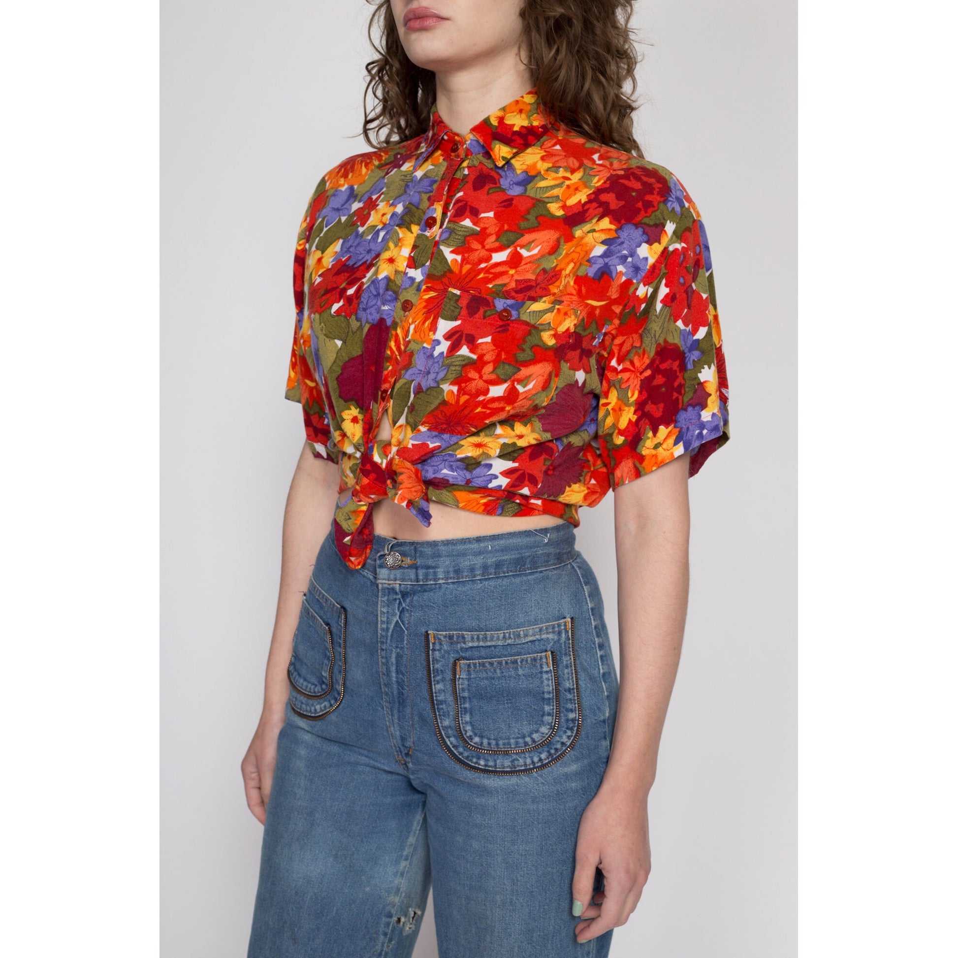 Small 80s 90s Orange Watercolor Floral Button Up Shirt | Vintage Boho Oversized Collared Rayon Blouse