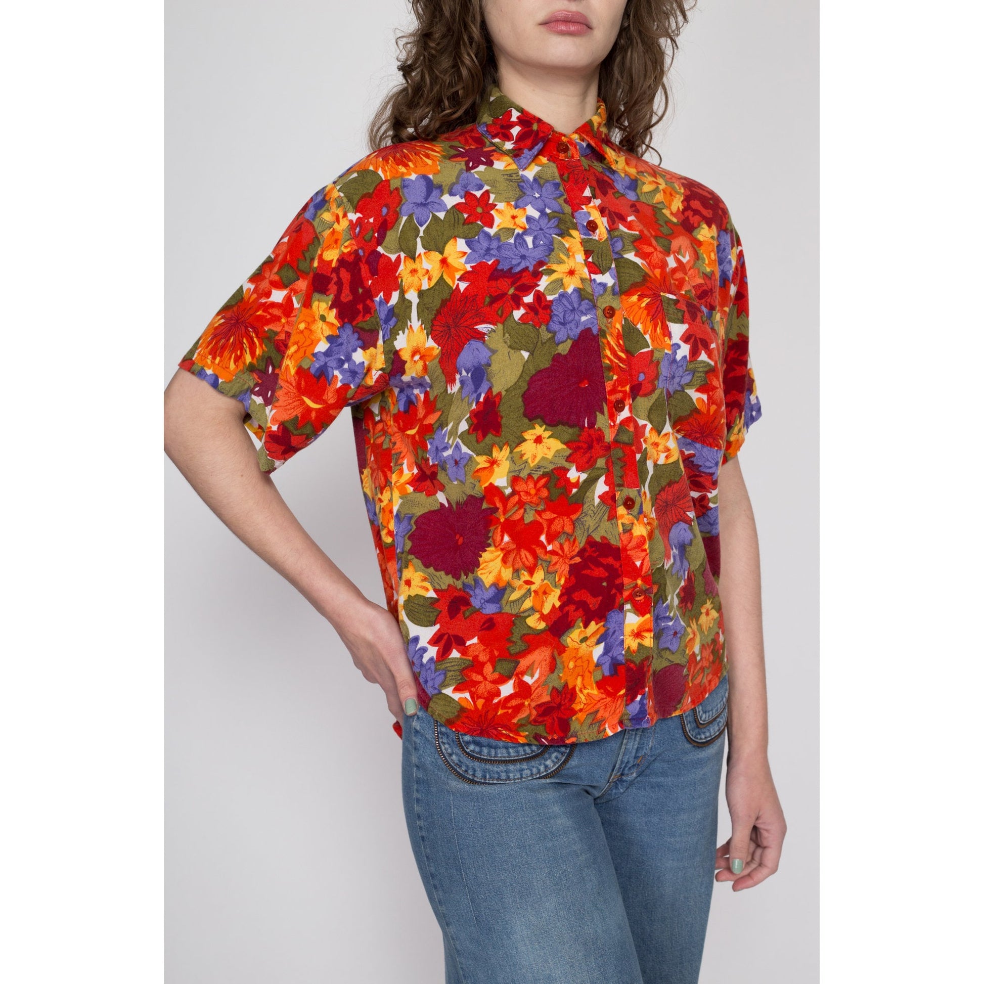 Small 80s 90s Orange Watercolor Floral Button Up Shirt | Vintage Boho Oversized Collared Rayon Blouse