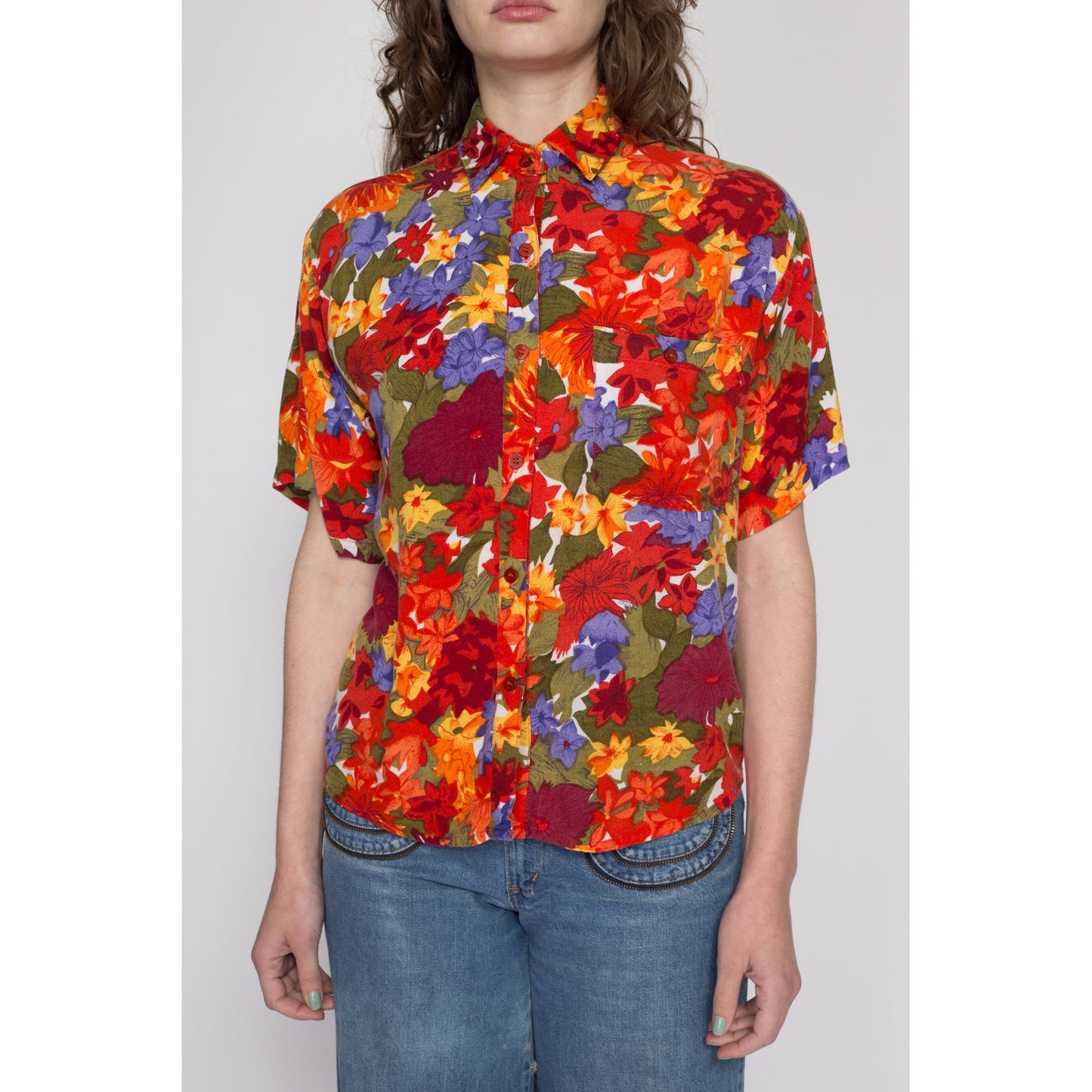 Small 80s 90s Orange Watercolor Floral Button Up Shirt | Vintage Boho Oversized Collared Rayon Blouse