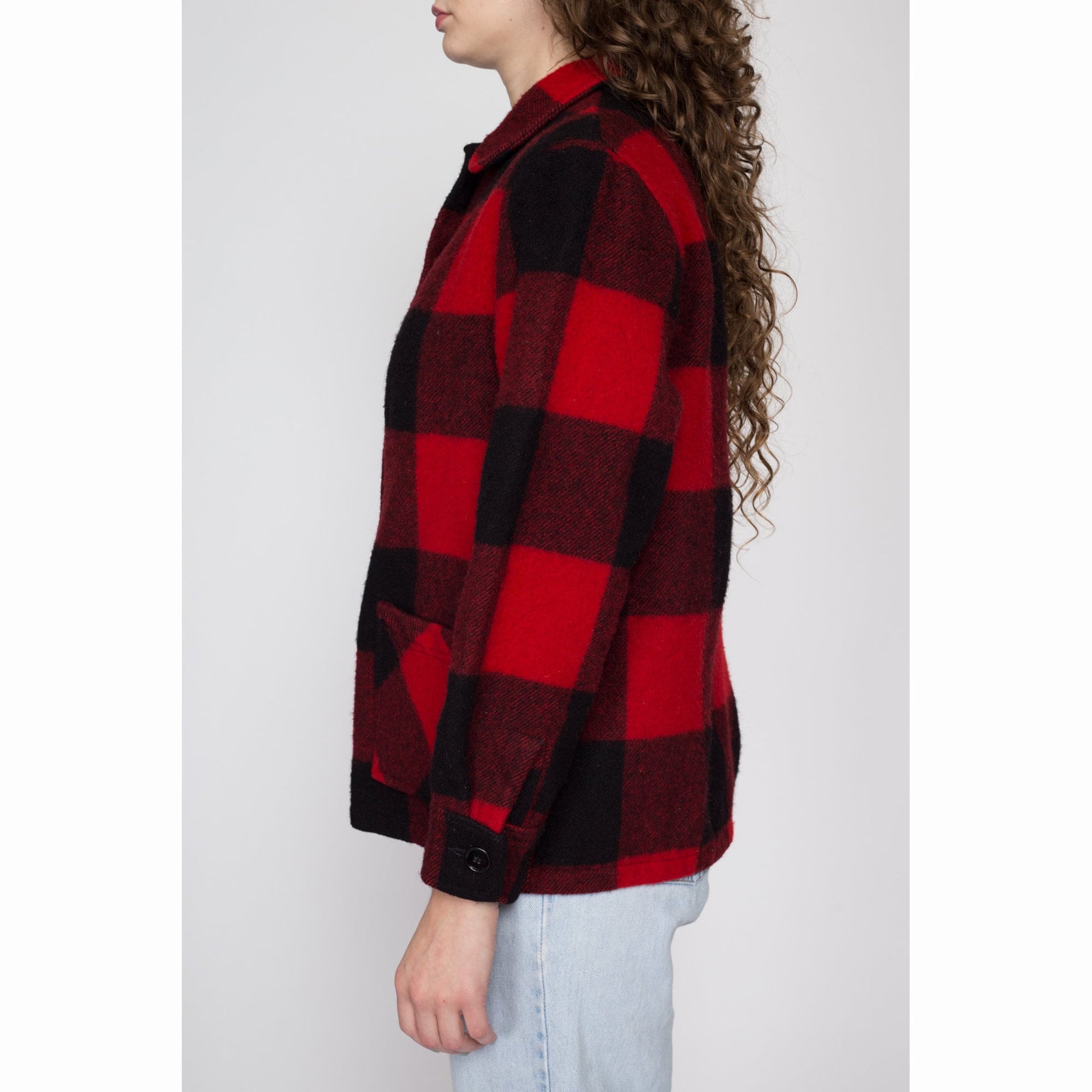 Petite Medium 60s 70s Buffalo Plaid Wool Jacket | Vintage Black & Red Button Up Lumberjack Overshirt Shacket
