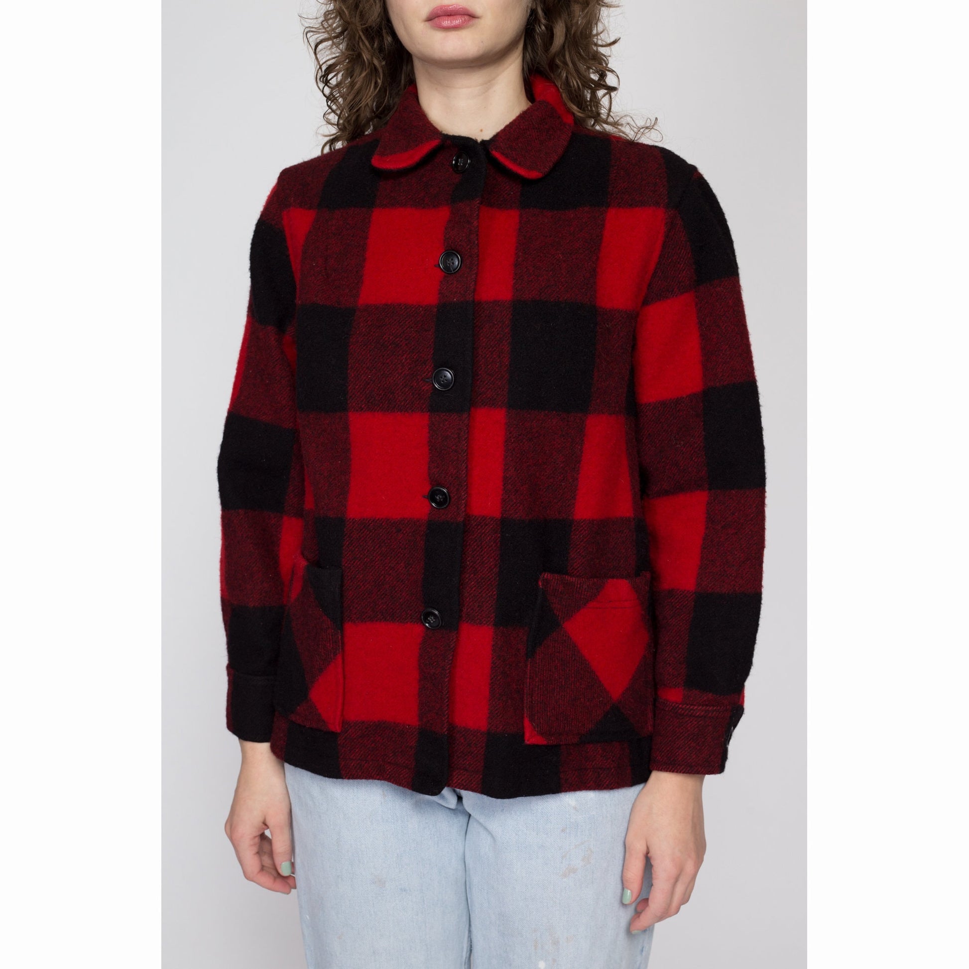 Petite Medium 60s 70s Buffalo Plaid Wool Jacket | Vintage Black & Red Button Up Lumberjack Overshirt Shacket