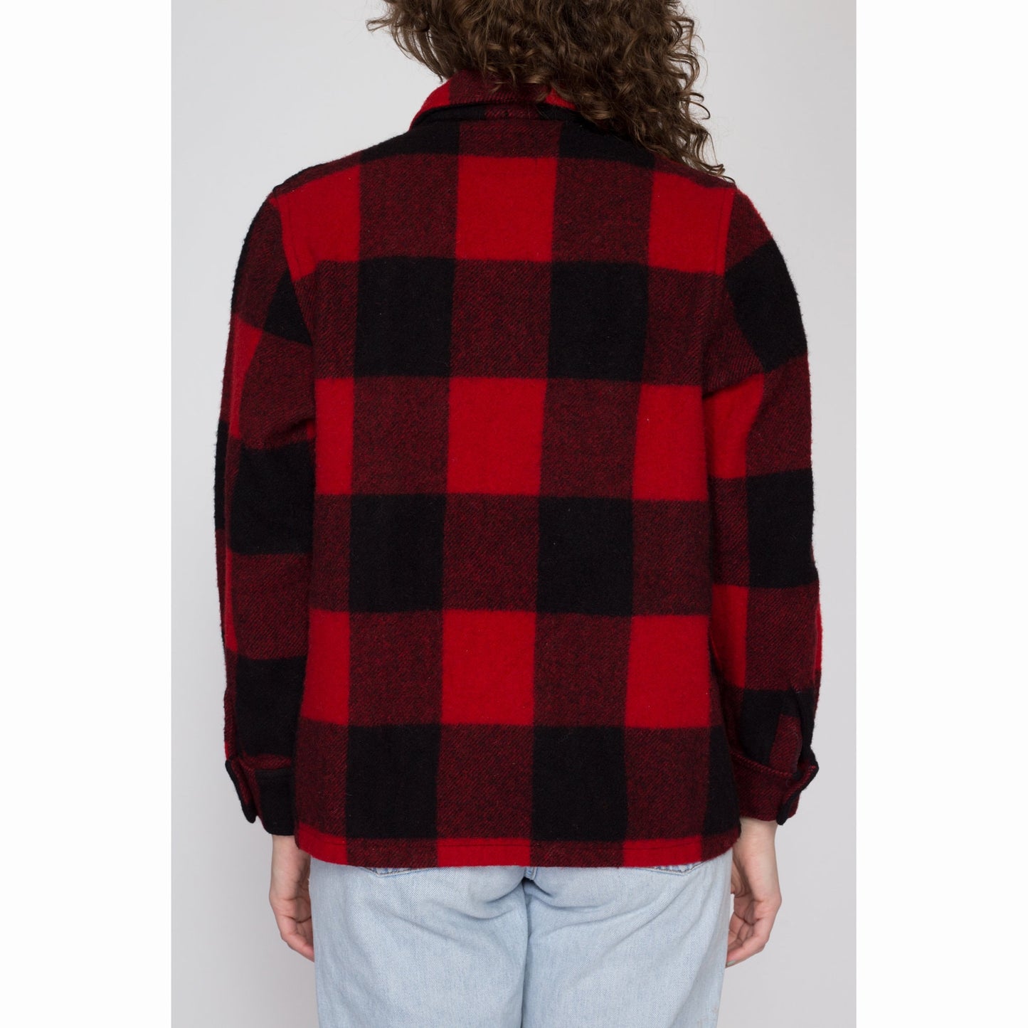 Petite Medium 60s 70s Buffalo Plaid Wool Jacket | Vintage Black & Red Button Up Lumberjack Overshirt Shacket