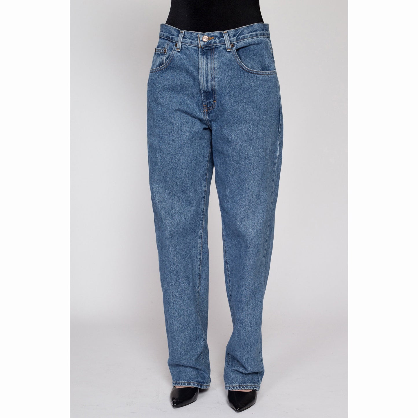 33x32 90s High Waisted Dad Jeans | Vintage Unisex Medium Wash Denim Baggy Tapered Leg Jeans