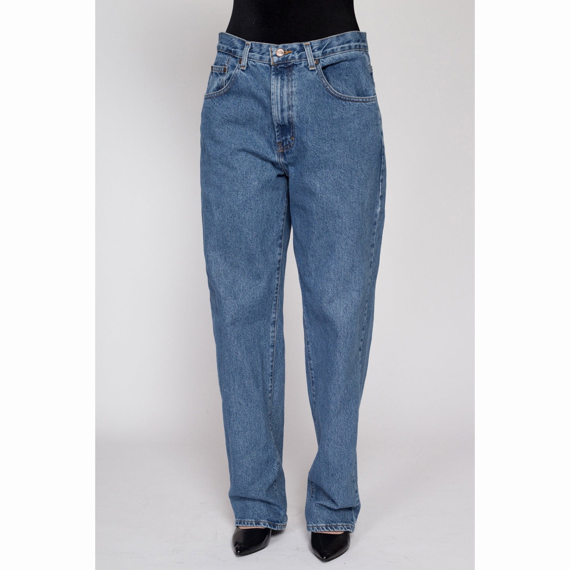 33x32 90s High Waisted Dad Jeans | Vintage Unisex Medium Wash Denim Baggy Tapered Leg Jeans