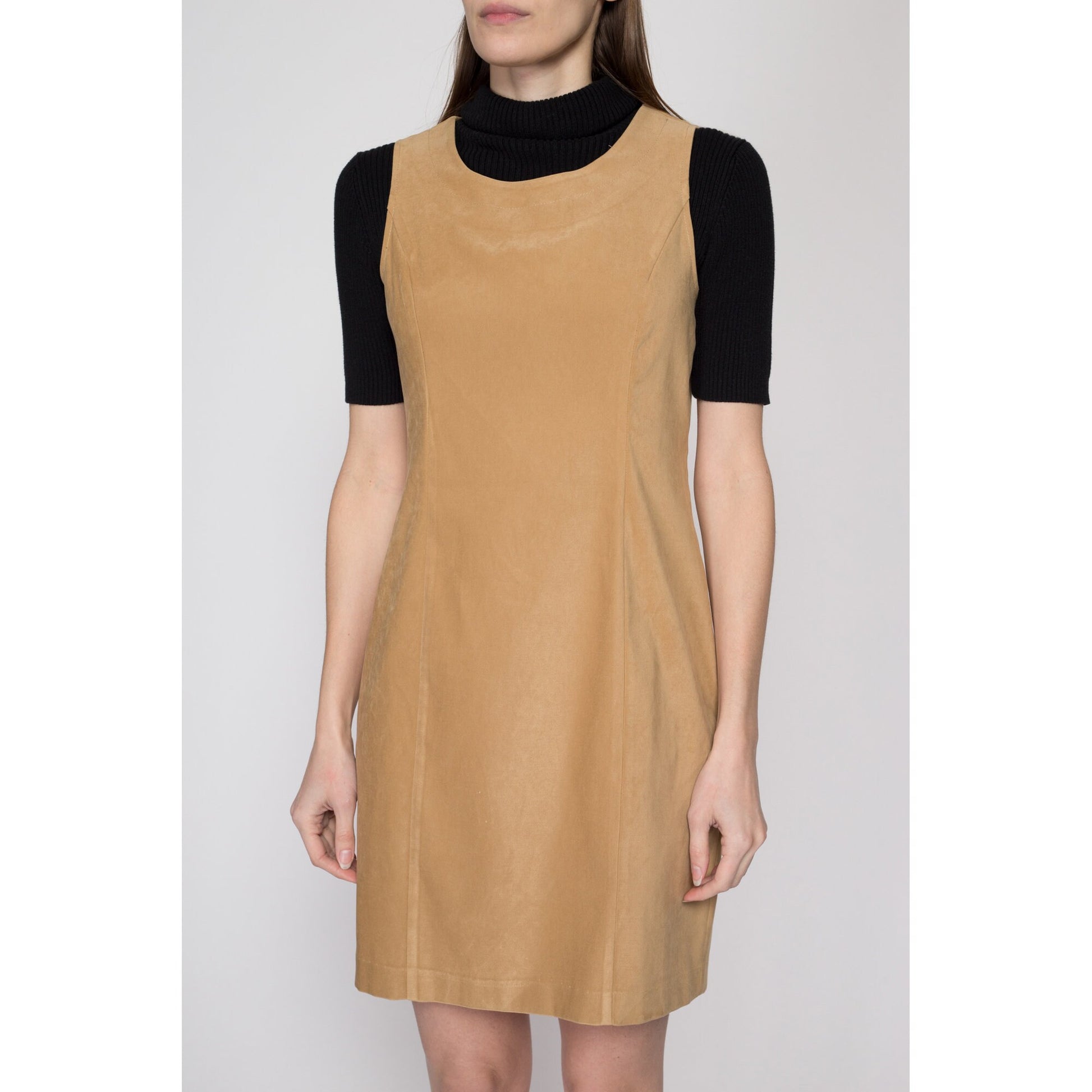 Medium 90s Minimalist Tan Faux Suede Sleeveless Mini Dress | Vintage Scoop Neck Tank Sheath Dress