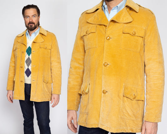 Medium 70s Mustard Yellow Corduroy Chore Coat | Vintage Button Up Oversized Notched Collar Barn Jacket