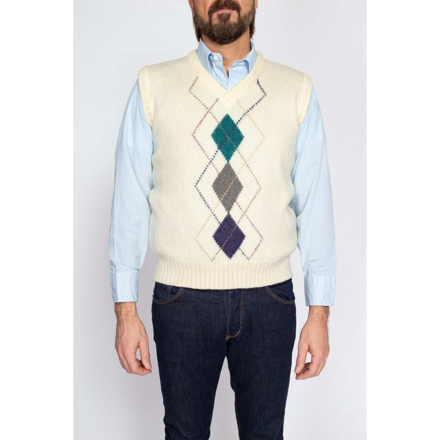 Medium 80s Argyle Mohair Blend Sweater Vest | Vintage Adam Sloane Cream V Neck Sleeveless Knit Pullover