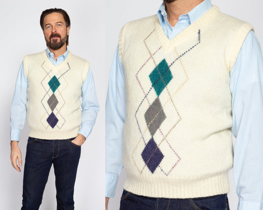 Medium 80s Argyle Mohair Blend Sweater Vest | Vintage Adam Sloane Cream V Neck Sleeveless Knit Pullover